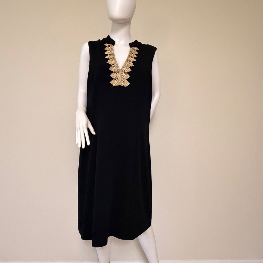 Pappagallo Womens Black Gold Lace V-Neck Sleeveless Shift‎ Dress Size 16